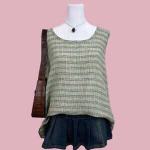 FLAX green plaid girly boho granola linen tank top